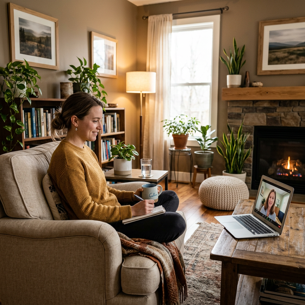 Woman sitting on a couch in a cozy living room having a video call therapy session on a laptop
